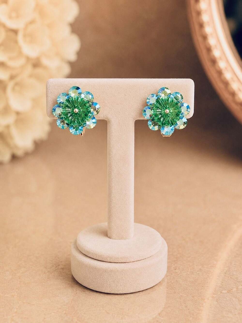 Vintage Green Rhinestone Flower Cluster Clip-On Earrings
